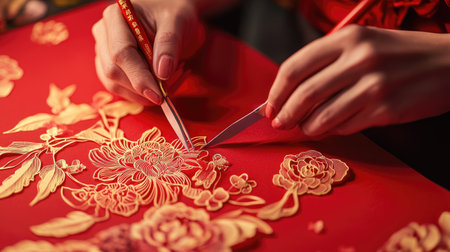 A skilled artisan working on a handmade Chinese New Year craft, creating intricate paper cuts with scissors on red paper in a calm studio setting.の素材