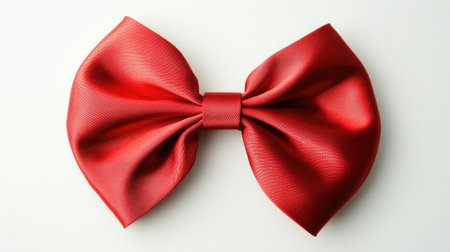 A simple yet elegant red satin bow, with soft loops and a smooth finish, isolated on a bright white background, perfect for holiday designs.の素材