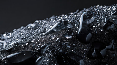 A sleek black background with clear water droplets, forming a textured surface, ideal for high-contrast, modern photographyの素材