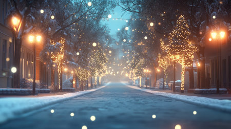 A snowy city street on Christmas Eve, lined with brightly lit trees, with soft blurred lights creating a magical and festive atmosphere for the holiday seasonの素材