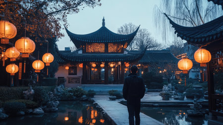A solo traveler exploring a quiet temple garden during Chinese New Year, surrounded by subtle decorations and the soft glow of lanterns in the evening.の素材