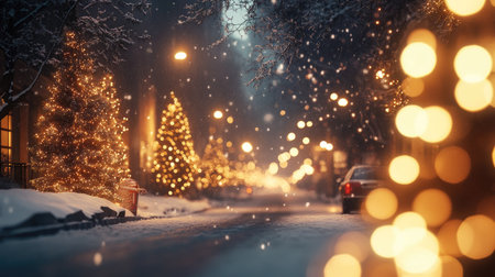 A snowy Christmas Eve city street, where glowing trees are lined up, with soft, blurred holiday lights creating a peaceful, festive ambianceの素材