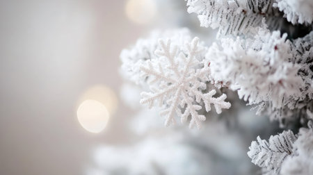 A snowy white Christmas tree adorned with delicate snowflakes, with a blurred, glowing background, perfect for creating heartfelt Christmas cards.の素材