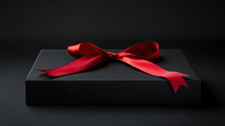 A sleek black gift box with a vibrant red satin ribbon, symbolizing elegance and celebration, isolated on a dark background.の素材