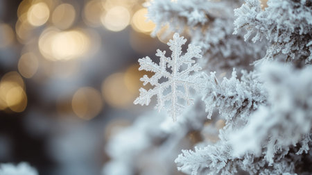 A snowy white Christmas tree adorned with delicate snowflakes, with a blurred, glowing background, perfect for creating heartfelt Christmas cards.の素材