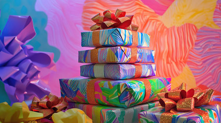 A stack of holiday gifts wrapped in vibrant paper with shiny bows and ribbons, creating a cheerful display on a white background.の素材