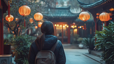 A solo traveler exploring a quiet temple garden during Chinese New Year, surrounded by subtle decorations and the soft glow of lanterns in the evening.の素材