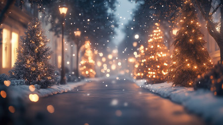 A snowy city street on Christmas Eve, with rows of glowing trees and blurred bokeh lights creating a festive and peaceful winter sceneの素材
