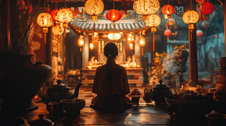 A solo traveler experiencing a traditional Chinese tea ceremony during the New Year, surrounded by lanterns and festive decorations in a peaceful setting.の素材