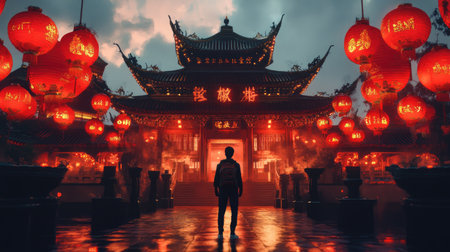 A solo adventurer standing in front of a Chinese temple, with red lanterns and New Year decorations hanging in the background, embracing the holiday spirit.の素材