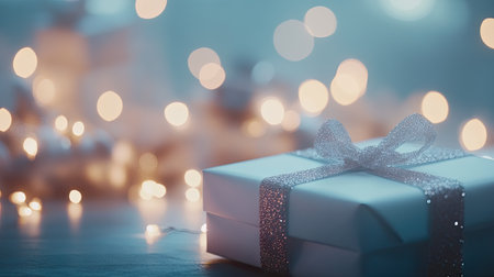 A soft-focus Christmas background with glowing lights, wrapped presents, and blank space, ideal for mockups or seasonal promotionsの素材