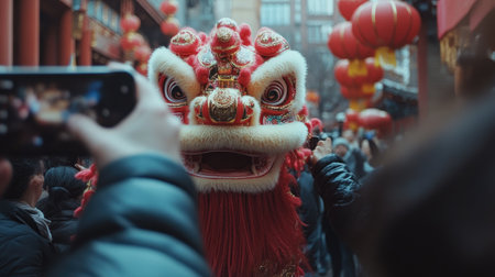 A solo traveler at a Chinese New Year festival, capturing photos of a beautiful red and gold lion dance performance amidst a sea of spectators.の素材