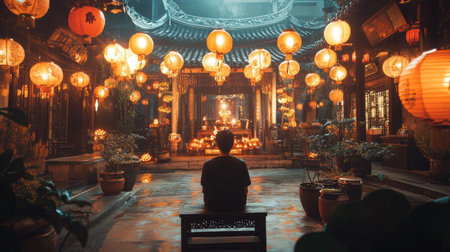 A solo traveler experiencing a traditional Chinese tea ceremony during the New Year, surrounded by lanterns and festive decorations in a peaceful setting.の素材