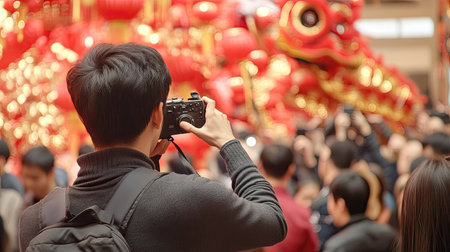 A solo traveler at a Chinese New Year festival, capturing photos of a beautiful red and gold lion dance performance amidst a sea of spectators.の素材
