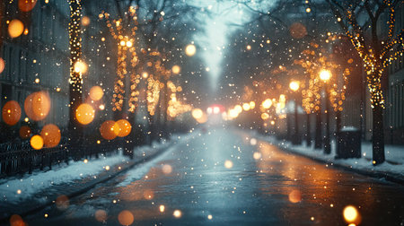 A snowy city street on Christmas Eve, with rows of glowing trees and blurred bokeh lights creating a festive and peaceful winter sceneの素材