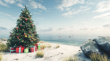 A stunning beachside Christmas setup with a decorated fir tree and colorful presents, framed by the ocean and a clear sky.の素材