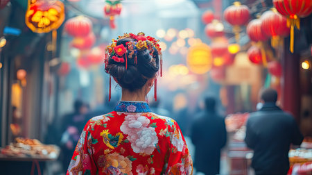 A solo traveler in traditional Chinese attire, walking through a street market during Chinese New Year, enjoying local delicacies and festive atmosphere.の素材