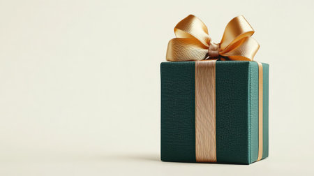 A stunning green gift box wrapped in a satin gold ribbon with a matching bow, displayed on a plain white background.の素材