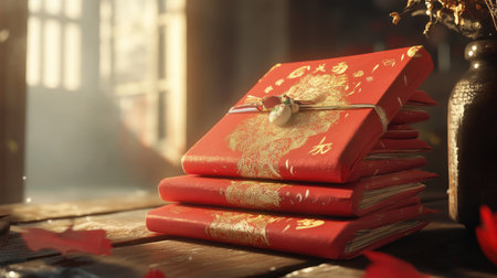 A stack of beautifully designed red envelopes adorned with gold calligraphy and auspicious symbols, placed on a table.の素材