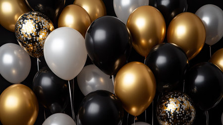 A striking arrangement of black, gold, and white balloons with a black background, creating a sophisticated and festive ambiance for Black Friday.の素材