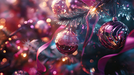 A stunning close-up of festive decorations on a Christmas tree, including baubles, ribbons, and lights, ideal for a New Year's Card  designの素材