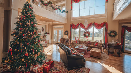 A stunningly decorated home with a Christmas tree, festive lights, and presents, capturing the spirit of the Feast of the Nativityの素材