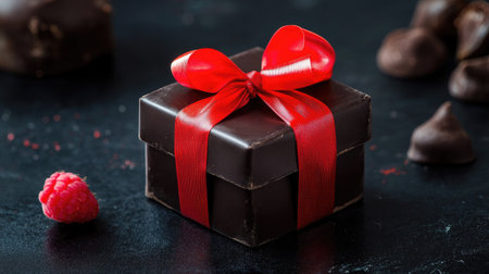 A striking photo of a luxurious black gift box wrapped in a bold red ribbon, standing out dramatically against a dark background.の素材