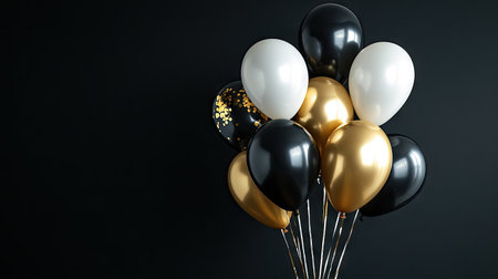 A stylish cluster of black, gold, and white balloons against a black backdrop, perfect for Black Friday marketing or elegant celebrations.の素材