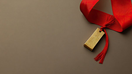A subtle Chinese New Year decoration with a single gold ingot and a red ribbon on a simple background, representing wealth and prosperity.の素材