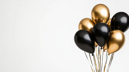 A stylish celebration of floating gold and black D balloons against a white backdrop, perfect for a birthday, anniversary poster, or greeting banner.の素材