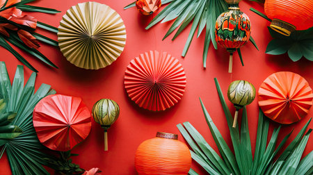 A sustainable Chinese New Year decor idea with upcycled paper decorations, bamboo lanterns, and plant-based materials creating an environmentally friendly holiday vibe.の素材