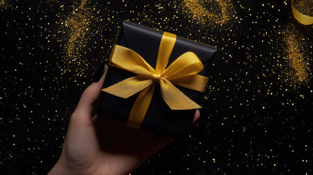 A stylish festive top view of a hand offering a black gift box wrapped with a yellow ribbon, set against sparkling gold sequins on a black backdrop.の素材