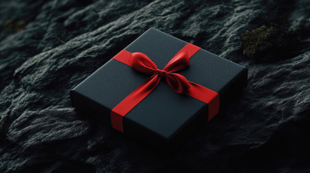 A stylish gift composition with a luxurious black box tied with a vibrant red ribbon, isolated on a textured dark surface.の素材