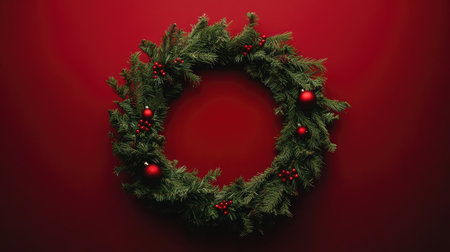 A top-down view of a round frame made of fir branches with festive ornaments on a red background, with space for adding a holiday message or seasonal offer.の素材