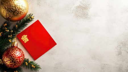 A subtle Chinese New Year decoration with a clean, white surface and a single red envelope placed beside a minimalistic gold ornament.の素材