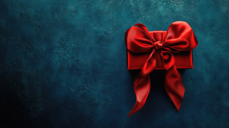 A top-down view of a gift box with red satin ribbon and bow on a blue background, offering the perfect space for text or a seasonal sale message.の素材