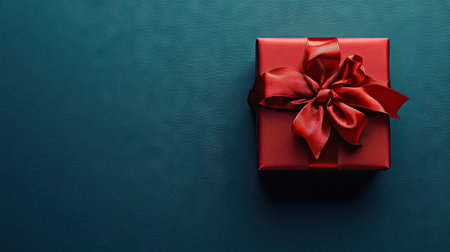 A top view of a gift box adorned with a red satin ribbon and bow on a blue background, perfect for Christmas or birthday promotions, with ample copy space.の素材
