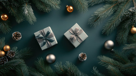 A top view of a Christmas flat lay with presents, fir branches, and shiny Christmas baubles, perfect for product displays or holiday message templatesの素材