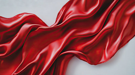 A top view of two red satin ribbons elegantly draped over a white background, creating a striking visual contrast with their glossy texture.の素材
