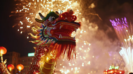 A traditional dragon dance performed against the backdrop of dazzling Chinese New Year fireworks in the night sky.の素材