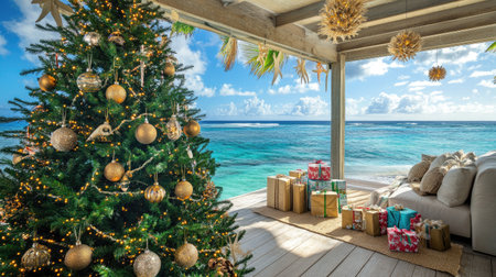 A tropical Christmas celebration featuring a pine tree decorated with beach-themed ornaments, gift boxes, and a bright blue ocean view.の素材