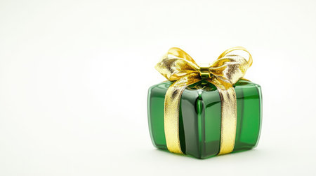 A vibrant green gift box wrapped in gold ribbon and topped with a shiny gold bow, isolated on a pure white background.の素材