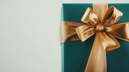 A vibrant green box tied with a large, shiny gold bow and ribbon, creating a festive vibe against a white background.の素材