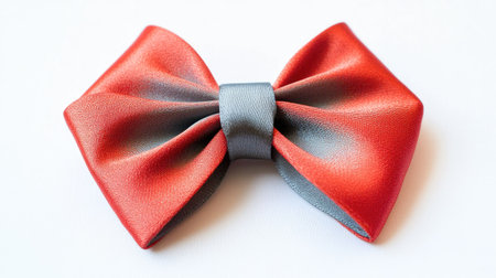 A vibrant holiday bow crafted from bright red satin ribbon with a gray sheen, displayed flat and isolated on a pristine white backdrop.の素材