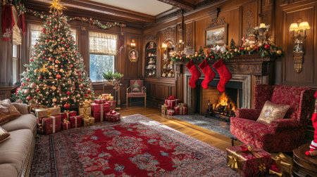 A warm and festive living room with a Christmas tree adorned with ornaments, red and gold presents, and a fireplace with stockings hanging above.の素材