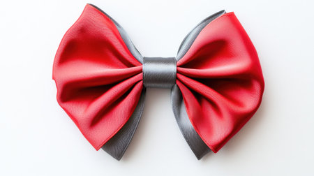 A vibrant holiday bow crafted from bright red satin ribbon with a gray sheen, displayed flat and isolated on a pristine white backdrop.の素材