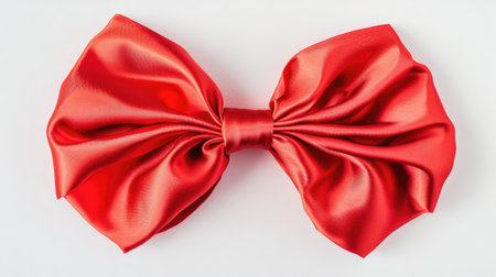 A vivid red satin ribbon bow with soft, glossy loops, elegantly arranged on a white background, isolated to highlight its festive charm.の素材
