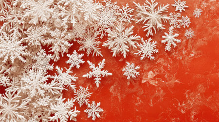 A warm red background featuring intricate snowflakes, creating a festive atmosphere for Christmas cards, advertisements, or holiday marketing.の素材