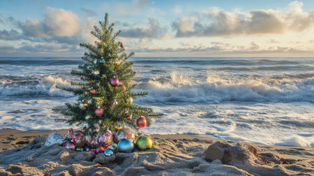 A whimsical Christmas beach photo with a decorated pine tree, colorful ornaments, and the calm waves of the ocean as the backdrop.の素材