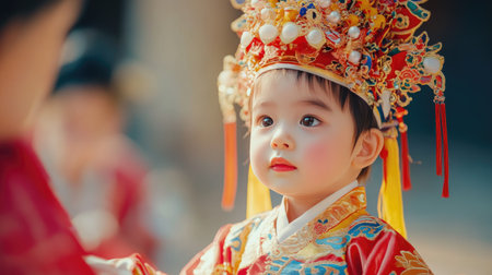 A young child wearing a traditional Chinese New Year costume, participating in a cultural ceremony with family members.の素材